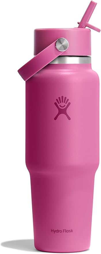 Hydro Flask Travel Water Bottle - Insulated Stainless Steel - Wide Straw Lid, Non Spill, Leakproof in 32 Oz Reef Pink