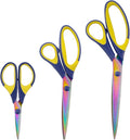 BambooMN Titanium Softgrip Scissors Set for Sewing, Arts, Crafts, Office - Blue w/Yellow - 10 Sets of 3