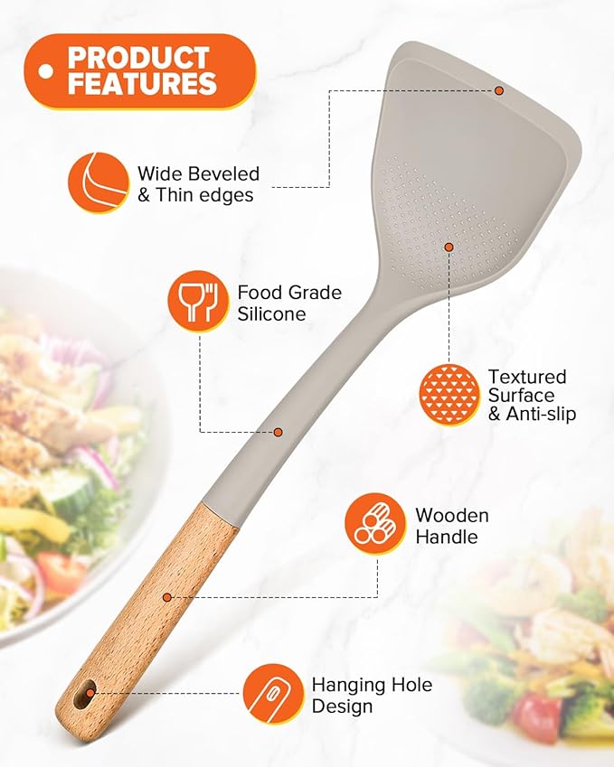 Silicone Wok Spatula Turner Set, Perfect for Scooping, Flipping, Lifting Pancakes and Picking up Veggies, BPA-Free Matte Silicone, Wooden Handles, Safe for Nonstick Cooking Surfaces (Khaki)