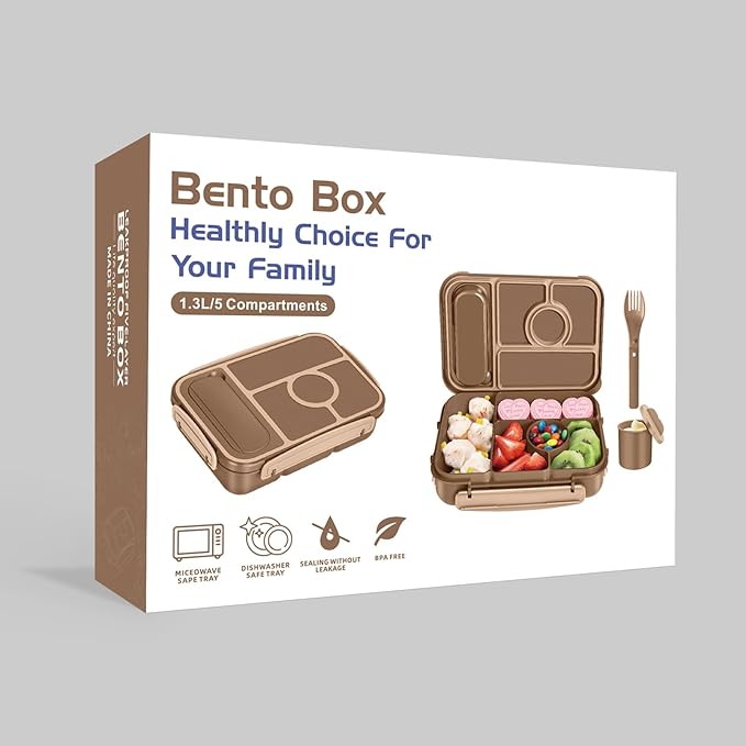 Bento Box Adult Lunch Box Kids,Lunch Containers for Adults/Kids/Toddler,5 Compartments Bento Lunch Box with Sauce Vontainers,Microwave & Dishwasher & Freezer Safe,BPA-Free (Brown)