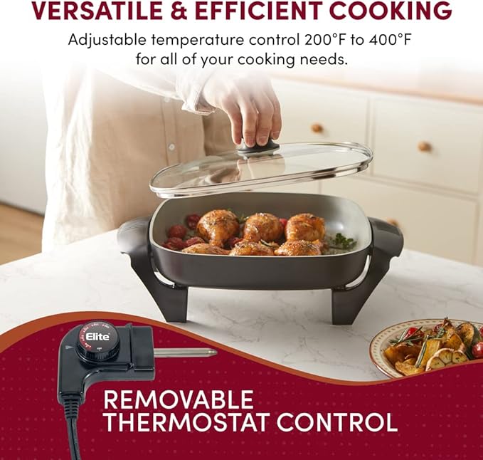 Elite Gourmet EG2212X 12"x12"x2.15” Ceralast™ PFAS Free Ceramic Electric Skillet, Dishwasher Safe, Rapid Heat Up, 1200W, Dark Grey