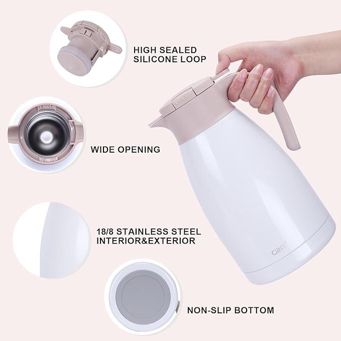 GiNT 2.2L / 74Oz Thermal Coffee Carafe, Insulated Stainless Steel Coffee Carafes for Keeping Hot/Double Walled Vacuum Thermal Carafe (White)