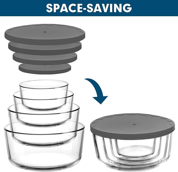 M MCIRCO 8-Pack Glass Food Storage Containers Set, Round Containers with Lids, 7, 4, 2 & 1-Cup, Microwave Dishwasher Friendly, BPA-Free Meal Prep Containers