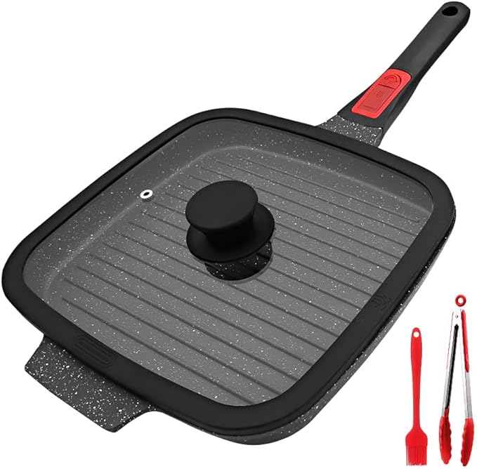 Griddle Pan with Lid, 10 Inch Cast Aluminium Non Stick Grill Pan with Detachable Handle for Induction Hob, Black