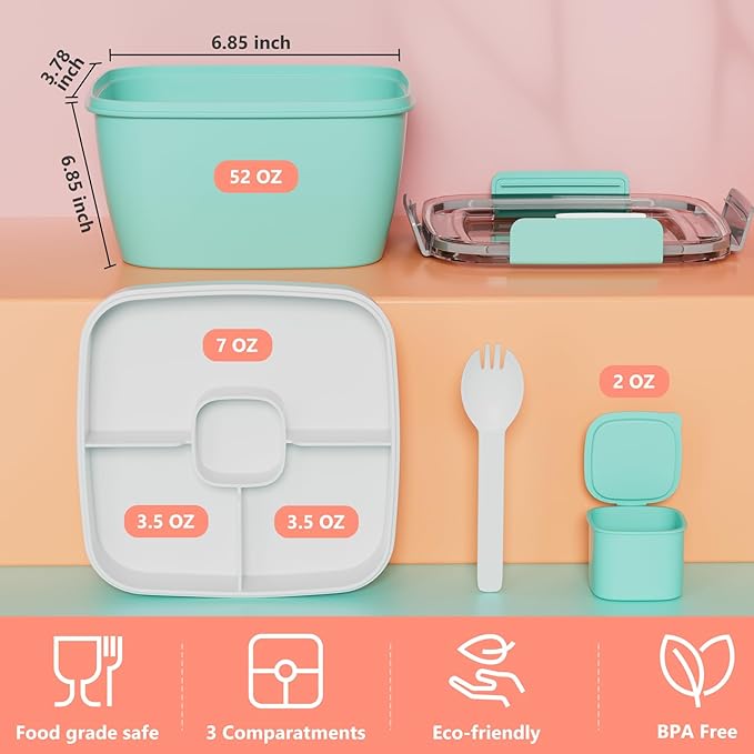 Cherrysea Salad Lunch Box, 2Pack Bowls with 3 Compartments, Leak Proof with Fork & Sauce Container - Green+Pink