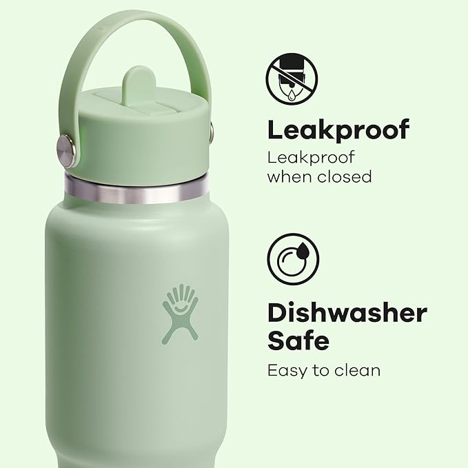 Hydro Flask Travel Water Bottle - Insulated Stainless Steel - Wide Straw Lid, Non Spill, Leakproof in 32 Oz Aloe Green