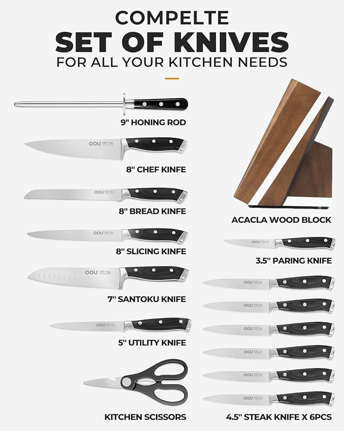 OOU 2025 Kitchen Knife Set with Block, 15-Piece German Stainless Steel Knife Blcok Set with Sharpening Rod, Ergonomic Wood Handle,Premium Razor-Sharp Knives Set for Kitchen