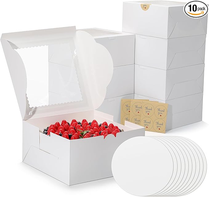 White Cake Boxes 10 Inch with Window, 10 Set Bakery Boxes with Cake Boards & Stickers, Cupcake Box for Birthday, Party, Wedding, Mother's Day, Valentine's Day, Christmas（10x10x5 inch）
