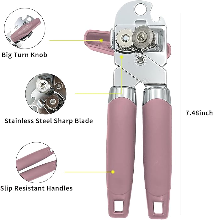 Can Opener Manual, Handheld Strong Heavy Duty Stainless Steel Can Opener, Comfortable Handle, Sharp Blade Smooth Edge, Can Openers with Multifunctional Bottle Opener, Pink
