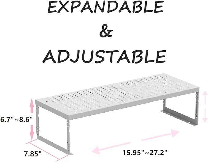 Stackable Expandable Metal Shelf Organizer - Adjustable Wire Storage Rack with Holes for Kitchen, Bathroom, Cabinet, Office - Space Saving, Durable & Sturdy Design（2PACKS/Medium/White