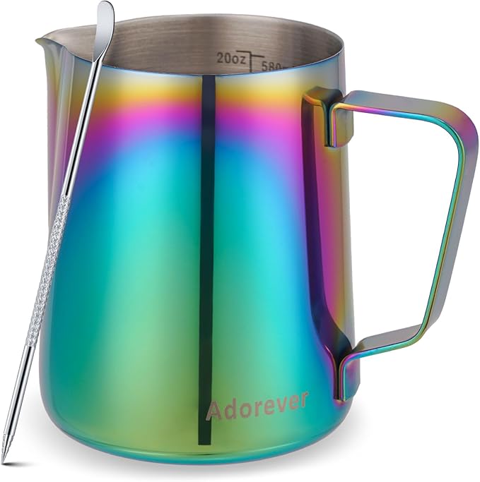 Milk Frothing Pitcher Colorful 600ml (20oz) Steaming Pitchers Stainless Steel Milk Coffee Cappuccino Latte Art Barista Steam Pitchers Milk Jug Cup with Decorating Art Pen