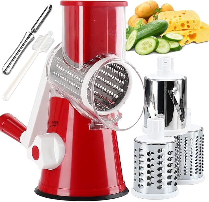 Rotary Cheese Grater with Handle Vegetable Shredder Round Kitchen Slicer Mandoline Grater for Vegetable, Nuts, Chocolate, Cheese, White, 3 Stainless Steel Blades