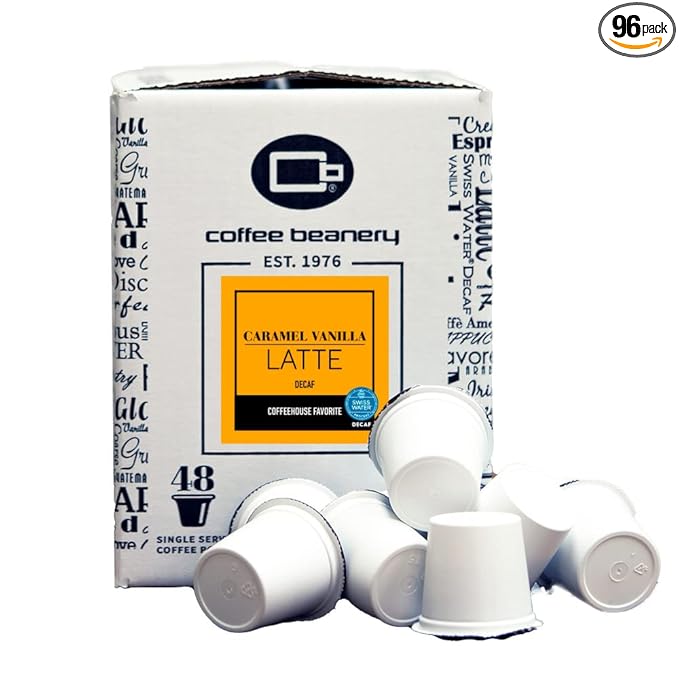 Caramel Vanilla Latte Decaf Coffee Pods by Coffee Beanery | 96ct Bulk Flavored Decaf Coffee Pods Medium Roast Coffee