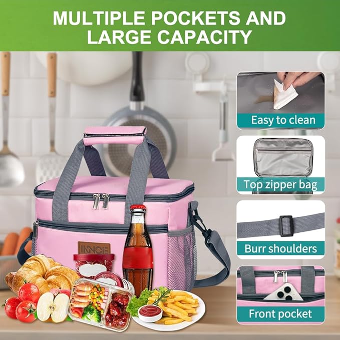 iknoe Insulated Lunch Bag, Foldable 8.5L Cooler Bag for Men & Women, Leakproof Thermal Design, Great for Office, Picnic, Travel, Lunch Box, Pink