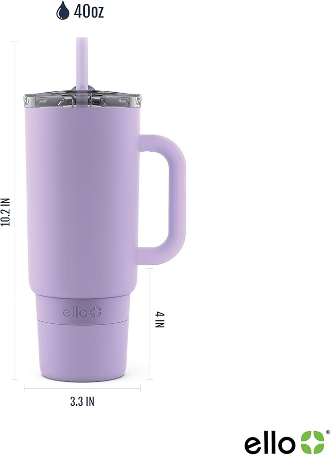 Ello Port 40oz Tumbler with Carry Loop & Integrated Handle, Vacuum Insulated Stainless Steel Reusable Water Bottle, Travel Mug with Leak Proof Lid & Straw, Perfect for Iced Coffee & Tea, Lilac