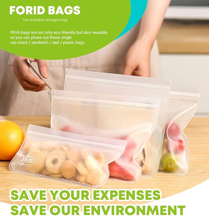 FORID Reusable Storage Bags, 12 Pack Extra Thick Freezer bags (2 Reusable Gallon Bags, 5 Reusable Sandwich Bags, 5 Reusable Snack Bags) FDA Grade LEAKPROOF Lunch Bag for Food Travel Items Storage