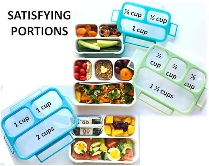kinsho Bento-Box Lunch and Snack Boxes. Family Pack of 4 Meal Planning Portion Containers For Kids, Women, Adults. BPA Free. Utensils, Blue & Green Set (2 large + 2 Mini)