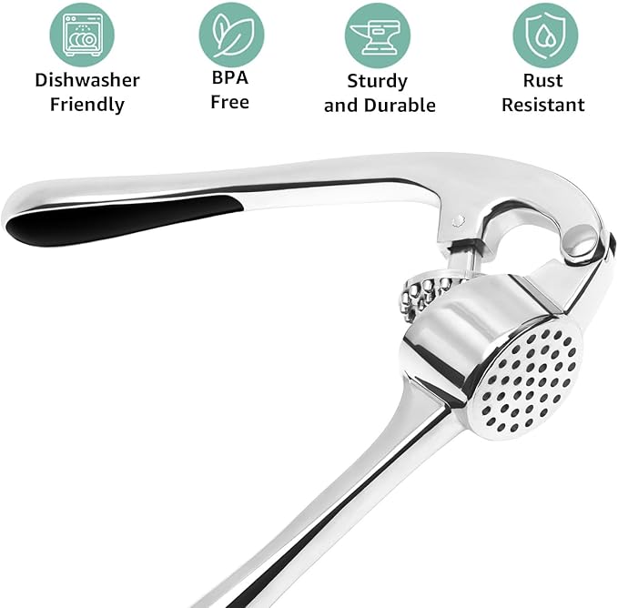GD Premium Garlic Press Set – Rust-Proof Stainless Steel Garlic Mincer Tool – Easy-Squeeze, Easy-Clean with Soft Ergonomic Handle – Dishwasher Safe, Includes Silicone Peeler & Brush (Imperial Silver)