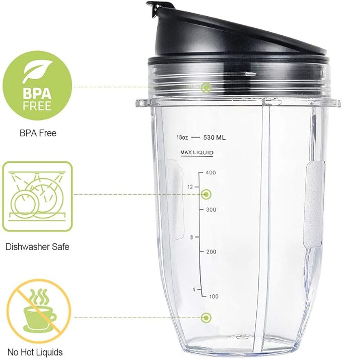 Blender Cups Fit for Ninja, Replacement Parts 18OZ Cups with Sip & Seal Lids, Blender Accessories Compatible with Nutri Ninja Auto IQ Series BL480 BL481 BL482 BL490 BL640 BL680 BL450 BL482(2 Pack)