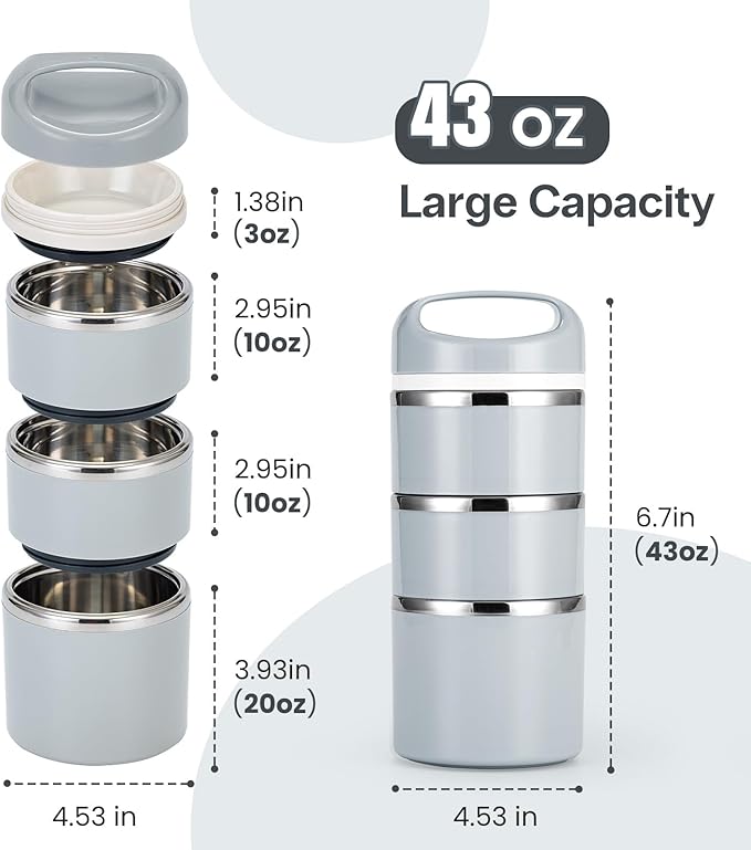Lille Home Stackable Stainless Steel Lunch Containers, 43OZ Capacity 3 Layers Leakproof Bento Box for Adult, Portable Lunch Box for Women, Man, Travel, Office with Lunch Bag (Gray.Pro)