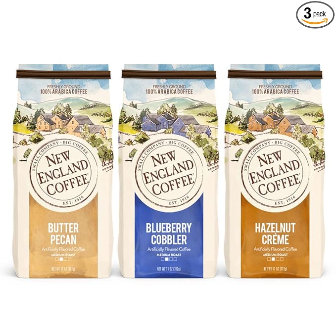 New England Coffee Variety Pack - Butter Pecan/Blueberry Cobbler/Hazelnut Crème, 11oz Bag (Pack of 3)