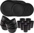 LIYH 48 Pcs Black Wheat Straw Plates and Bowls Dinnerware Set Camping Dish Set for 12, Plastic Plates and Bowls, Dishwasher Safe Dinnerware Sets, Unbreakable Plastic Camper Dishes Sets