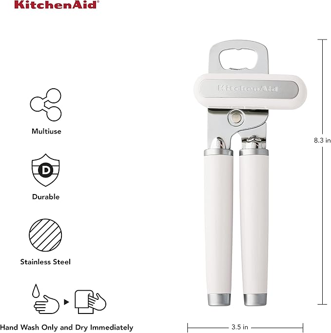 KitchenAid Classic Multifunction Can Opener and Bottle Opener Easy to Use, Razor Sharp Stainless Steel Cutting Wheel, Soft Ergonomic Handles, White