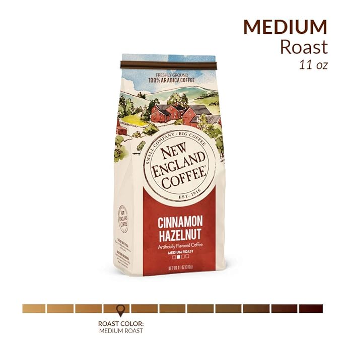 New England Coffee Cinnamon Hazelnut Medium Roast Ground Coffee, 11oz Bag (Pack of 1)