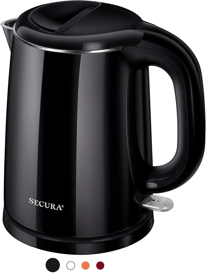 Secura Stainless Steel Double Wall Electric Kettle Water Heater for Tea Coffee w/Auto Shut-Off and Boil-Dry Protection, 1.0L (Black) SWK-1001DB/HB-K012