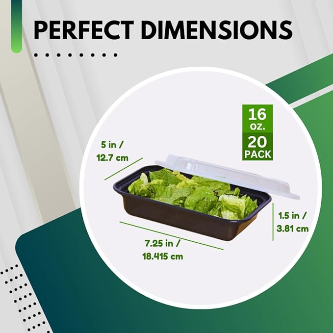 Green Direct Pack of 50 (16 oz) - Disposable Meal Prep and Take out black food containers with lids, Plastic Bento Lunch Box To Go