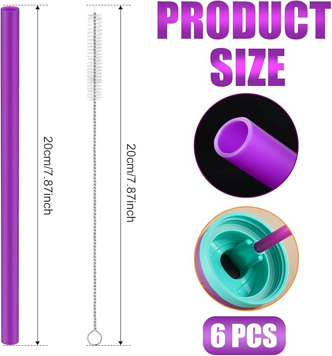 6pcs Replacement Straws for Owala FreeSip 24oz 32oz, Reusable Plastic Straws with Cleaning Brush for Owala Insulated Water Bottle 24 oz 32 oz, Tumbler Accessories (Purple)