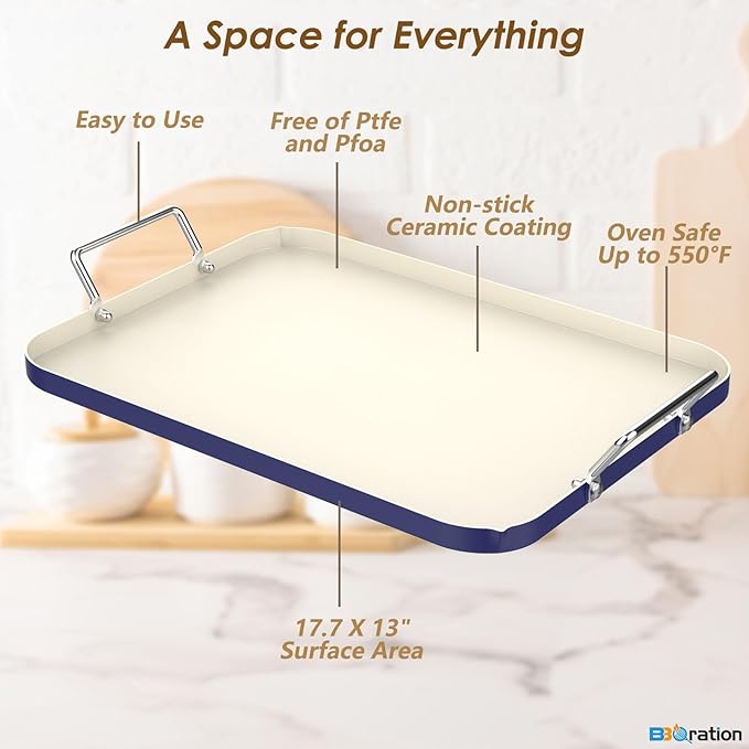 17.7" x 13" Griddle Pan for Gas Grill and Ovens, Stainless Steel Handles, Non Stick Ceramic Griddle Pan Griddle Skillet, PTFE Free PFOA Free, Blue