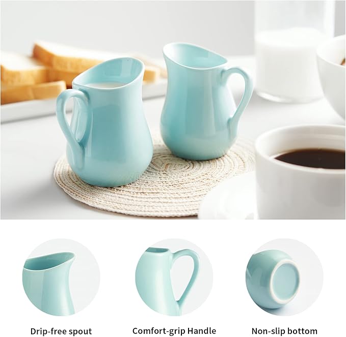 Gurygo 4 Ounce (Set/2) Creamer Pitcher with Handle, Small Classic White Fine Porcelain Creamer Container, Small Ceramic Pitcher for Coffee Milk, Microwave & Freezer Safe (Turquoise)