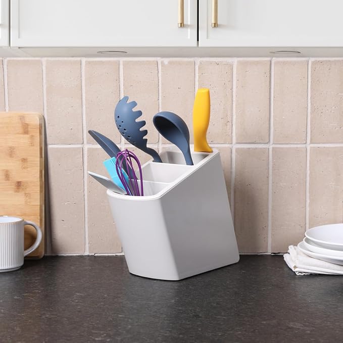 Angled Utensil Holder for Countertop | Space-Saving Kitchen Organizer for Large & Small Utensils with Knife Holder | Cooking Utensil Caddy with Spoon Rest | Kitchen Essentials Under Cabinet Organizer