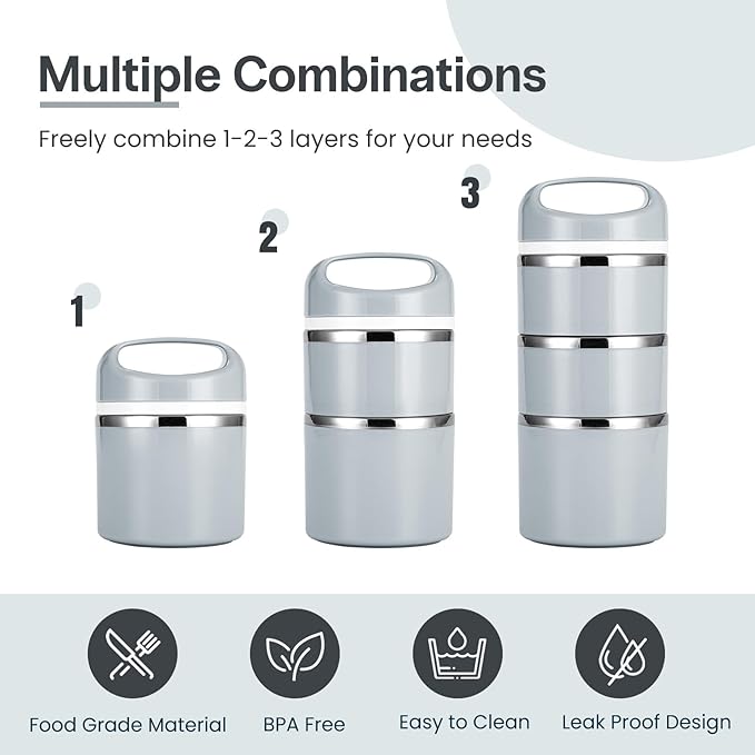 Lille Home Stackable Stainless Steel Lunch Containers, 43OZ Capacity 3 Layers Leakproof Bento Box for Adult, Portable Lunch Box for Women, Man, Travel, Office with Lunch Bag (Gray.Pro)