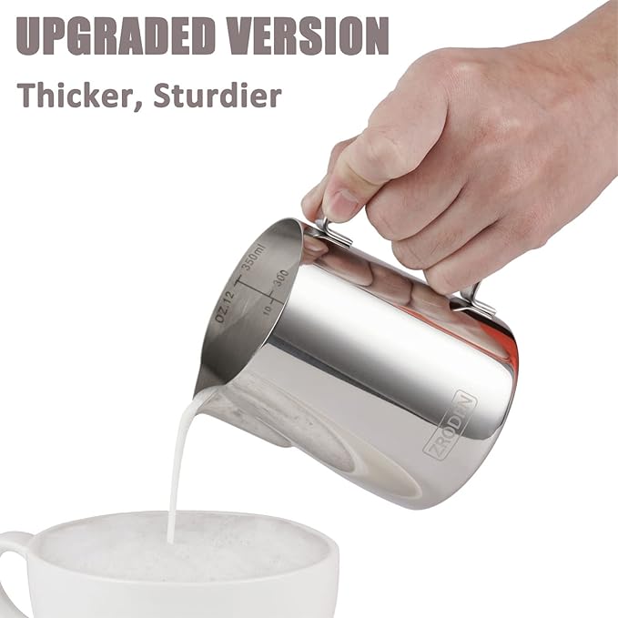 Milk Frothing Pitcher, Thicker Version 12oz Espresso Steaming Pitchers Stainless Steel Cappuccino Coffee Machine Accessories Barista Tools Steamer Pitchers Milk Jug Cup with Decorating Pen Latte Art