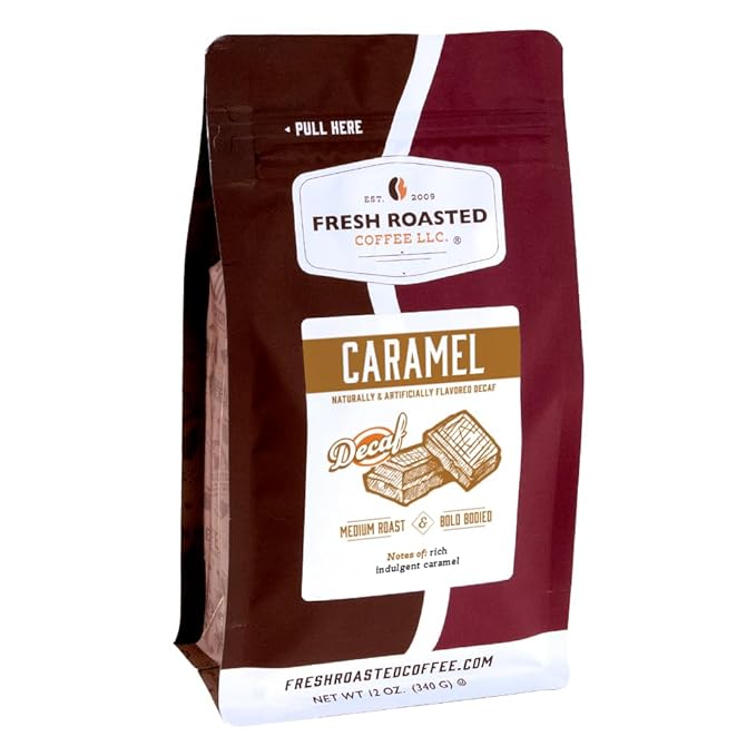 Fresh Roasted Coffee, Decaf Caramel Flavored Coffee, 12 oz, Medium Roast, Kosher, Whole Bean