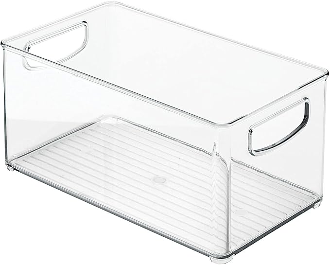 mDesign Plastic Storage Organizer Wide Container Bin with Handles for Bathroom, Home Organization - Holds Vitamins, Supplements, Makeup, Styling Tools - Ligne Collection - Clear
