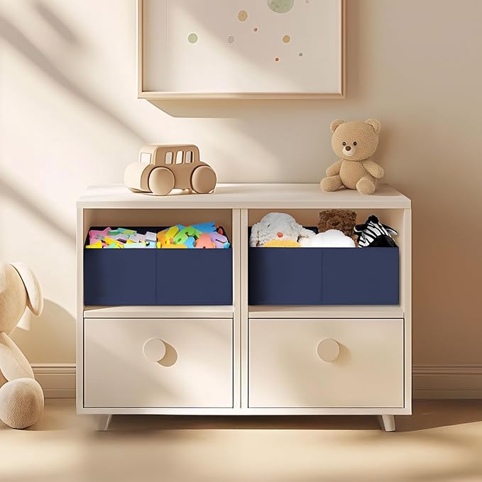 DIMJ Large Closet Shelf Organizer Bins 6 Packs with Handles and Divider, Fabric Trapezoid Storage Baskets, Foldable Clothes Containers Box for Shelf, Towel, Book, Toy, Purse, Hats, Navy Blue