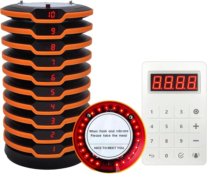Restaurant Pager System, Long Range Social Distancing Pagers for Restaurants,10 Coaster Beepers with Vibration Flashing Buzzer, Queue Wireless Calling System for Food Truck Church Nursery Coffee Shop