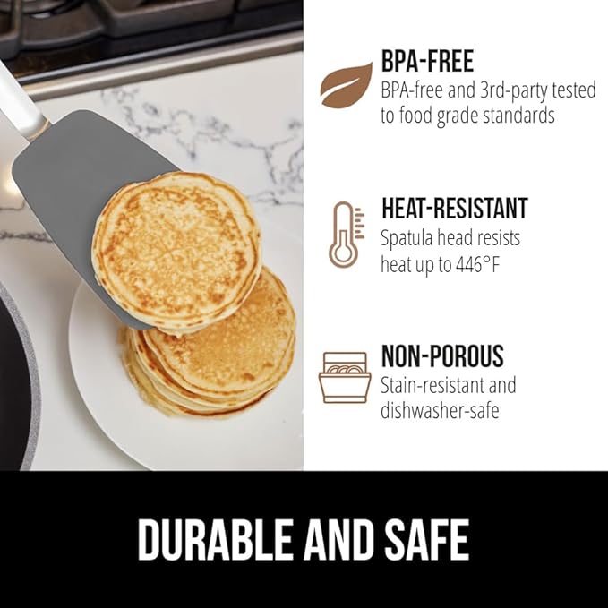 GORILLA GRIP Patented BPA-Free Non-Scratch Spatula, 2 Pack, Heat Resistant Flexible Silicone Head for Nonstick Cooking Pans, Soft Rubber Handle, Kitchen Spatulas for Flipping Eggs, Pancakes, Gray