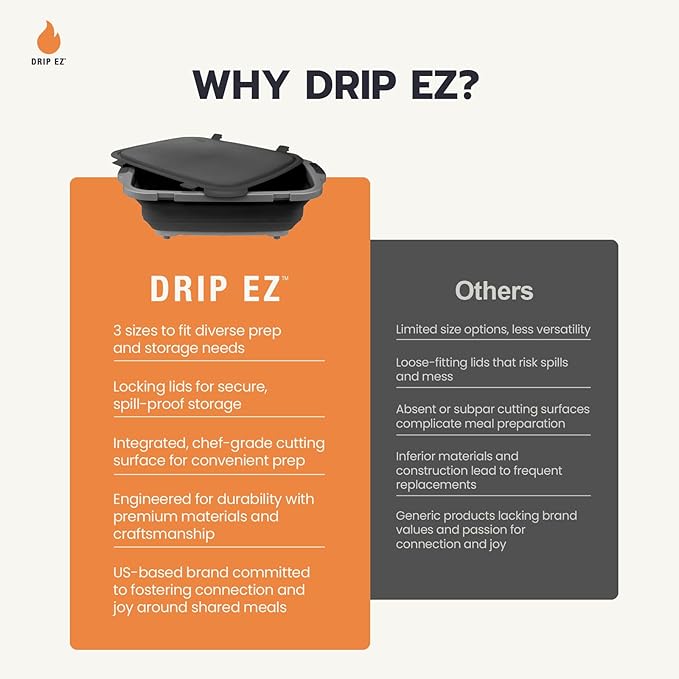 Drip EZ Collapsible BBQ Prep Tubs 3-Piece Set- For Meal Prep Marinating Food Storage - Includes Cutting Board & Lid - (1) JR - Orange + (1) OG - Orange + (1) XL - Black