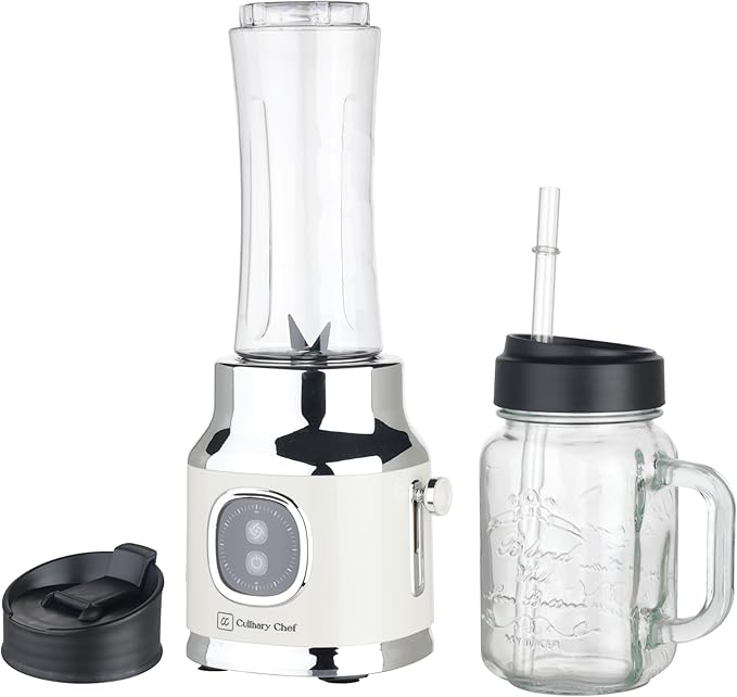 CULINARY CHEF Retro Smoothie Maker Blender with Mason Jar, Perfect for Shakes and Smoothies, 300-Watt, Cream