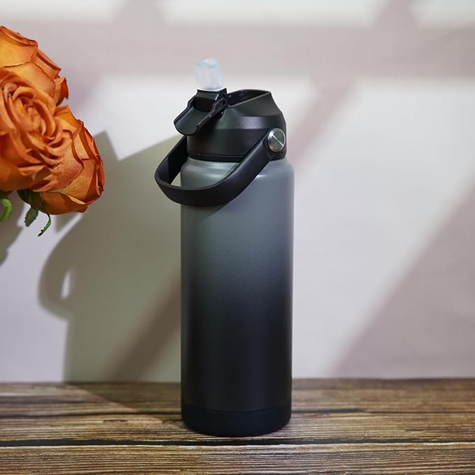 BJPKPK Insulated Water Bottle with Straw Lid, 40oz Large Thermo, BPA Free Leak Proof Stainless Steel Metal Water Bottles, Tumblers, Cups, Flasks for Travel, Sports,Black Grey