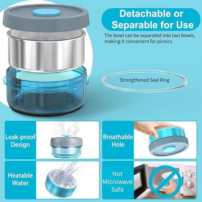 Lille Home Portable Insulated Lunch Box Set with Stainless Steel Cutlery, vacuum lunch box, to Keep Food Warm or Cool, Two Containers for Fruits and Sauces, Durable and Leak-Proof(Blue)