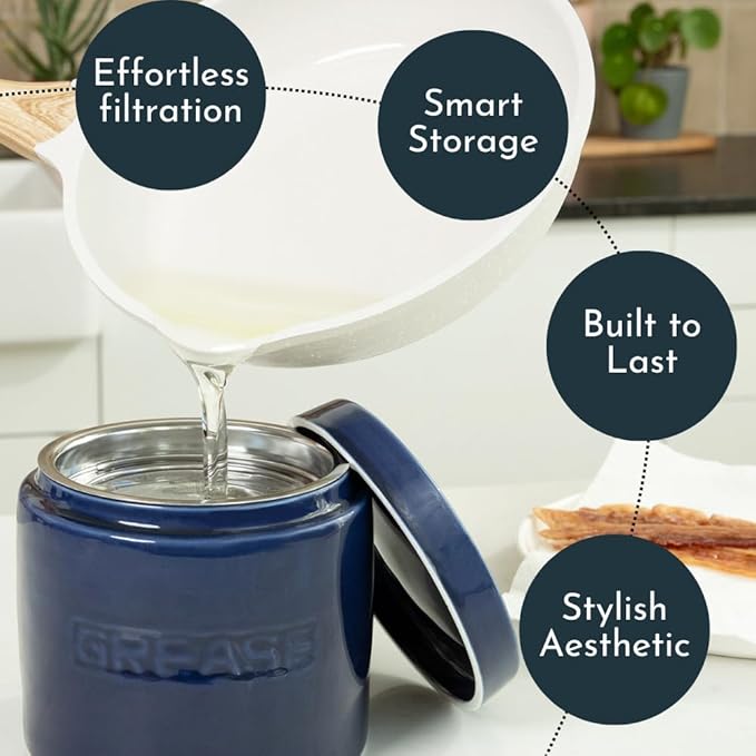 Bacon Grease Saver with Strainer - Ceramic Grease Container 1L Storage Canister | Holds Bacon Fat Drippings | Oil Keeper for Kitchen Counter Storage