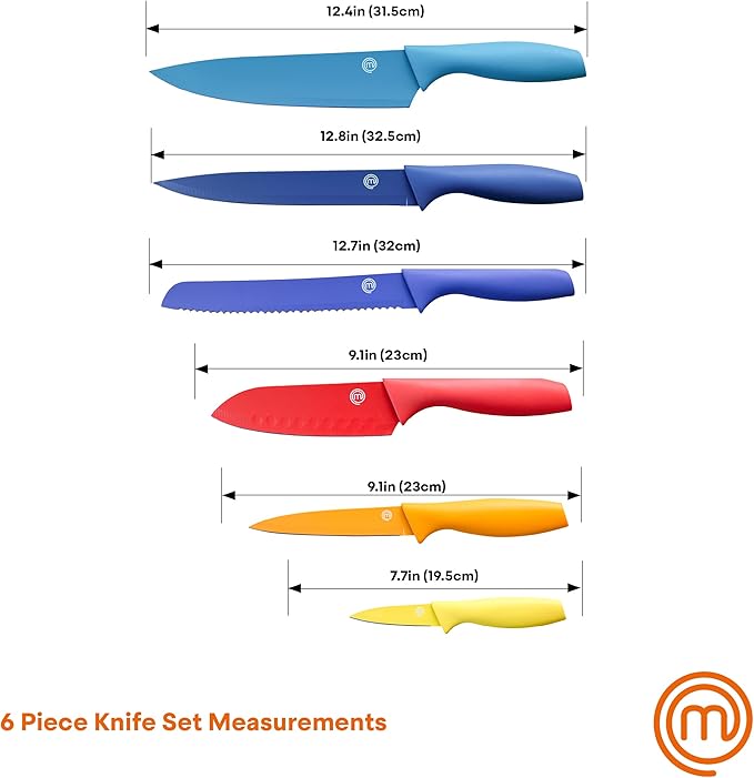 MasterChef Kitchen Knives Set with Covers incl. Paring, Boning, Carving, Bread, Santoku & Chef Knife, Sharp Cutting Stainless Steel Blades with Sheaths, 12 Piece (6 Colored Knives & 6 Covers)