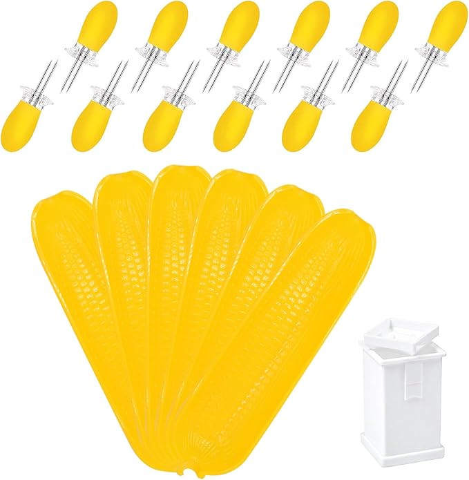 Corn Dishes and Corn Holders Set Kits, PEOUWNES Corn on The Cob Holders, Corn Cob Holders Skewers BBQ Twin Prong Holders, Includes 12 Stainless Steel Corn Holders, 6 Corn Trays and Butter Spreader