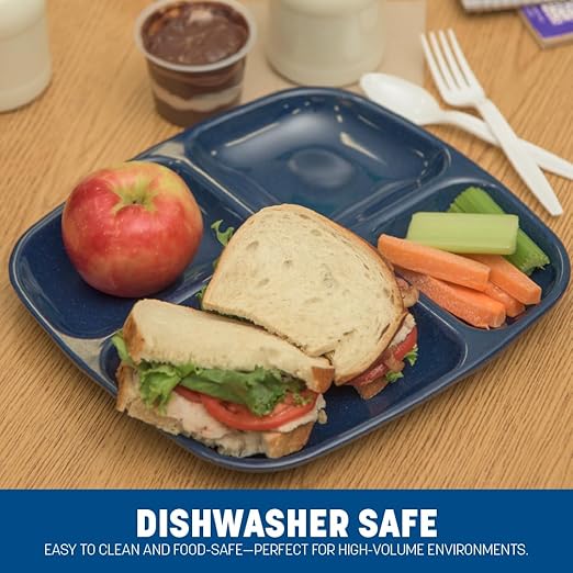 Carlisle FoodService Products Essential Food Tray, 4-Compartment Plastic Cafeteria Tray for Schools, Dining Halls, and Restaurants, Melamine, 10.5 x 9.5 Inches, Cafe Blue, (Pack of 36)