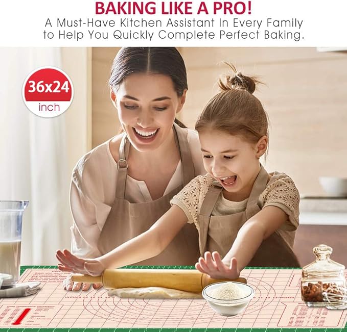 Silicone Pastry Mat 36 x 24 Inch - Larger Silicone Baking Mat for Rolling Dough,Non Slip Dough Sheet with Measurement,Perfect for Making Pie,Pizza(Green)